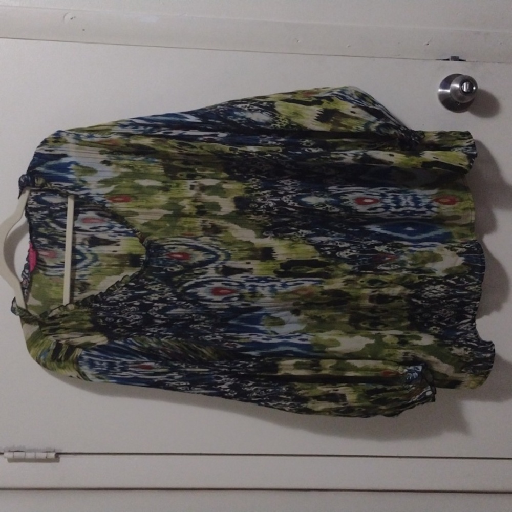 Plus Size Sunny Leigh Woman Peacock Inspired Ruffle Neck Blouse!